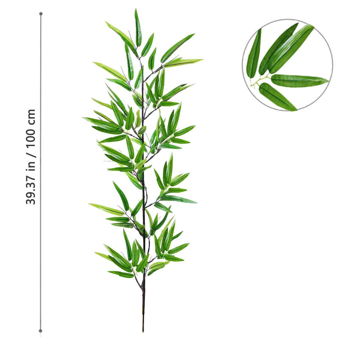 A vertical branch of artificial bamboo with green leaves shown next to a magnified view of the leaves.