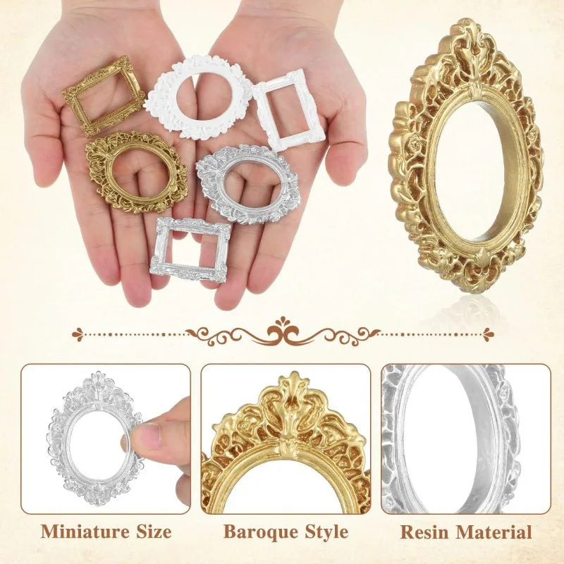 A set of ten vintage resin picture frames in gold and silver styles shown in a person's hands.