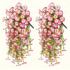 Two sets of artificial morning glory flowers and eucalyptus greenery hanging decor