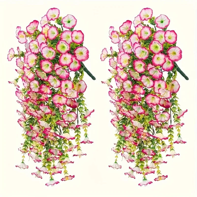 Two sets of artificial morning glory flowers and eucalyptus greenery hanging decor