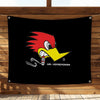 A black flag featuring a stylized red and yellow bird head design for parties and decoration.
