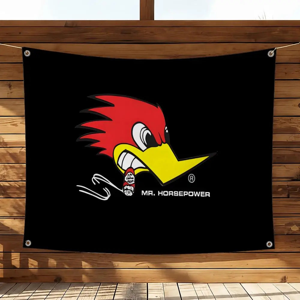 A black flag featuring a stylized red and yellow bird head design for parties and decoration.
