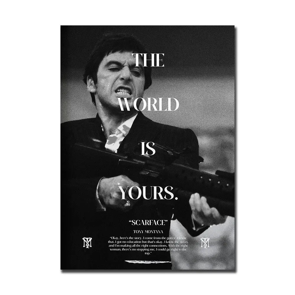 Black and white photo of a man looking intensely while holding a rifle with the text The World Is Yours.