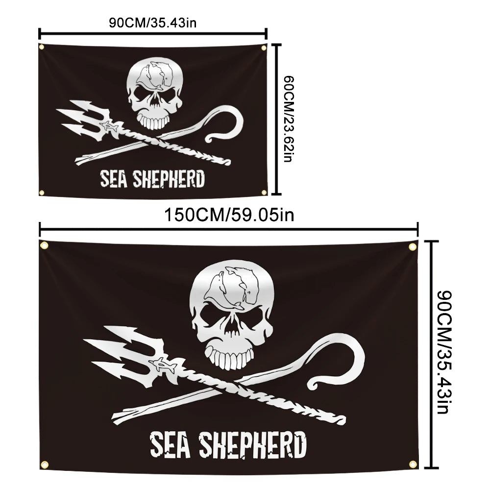 Black tapestry featuring a skull and crossbones with a pirate sword and anchor design labeled Sea Shepherd