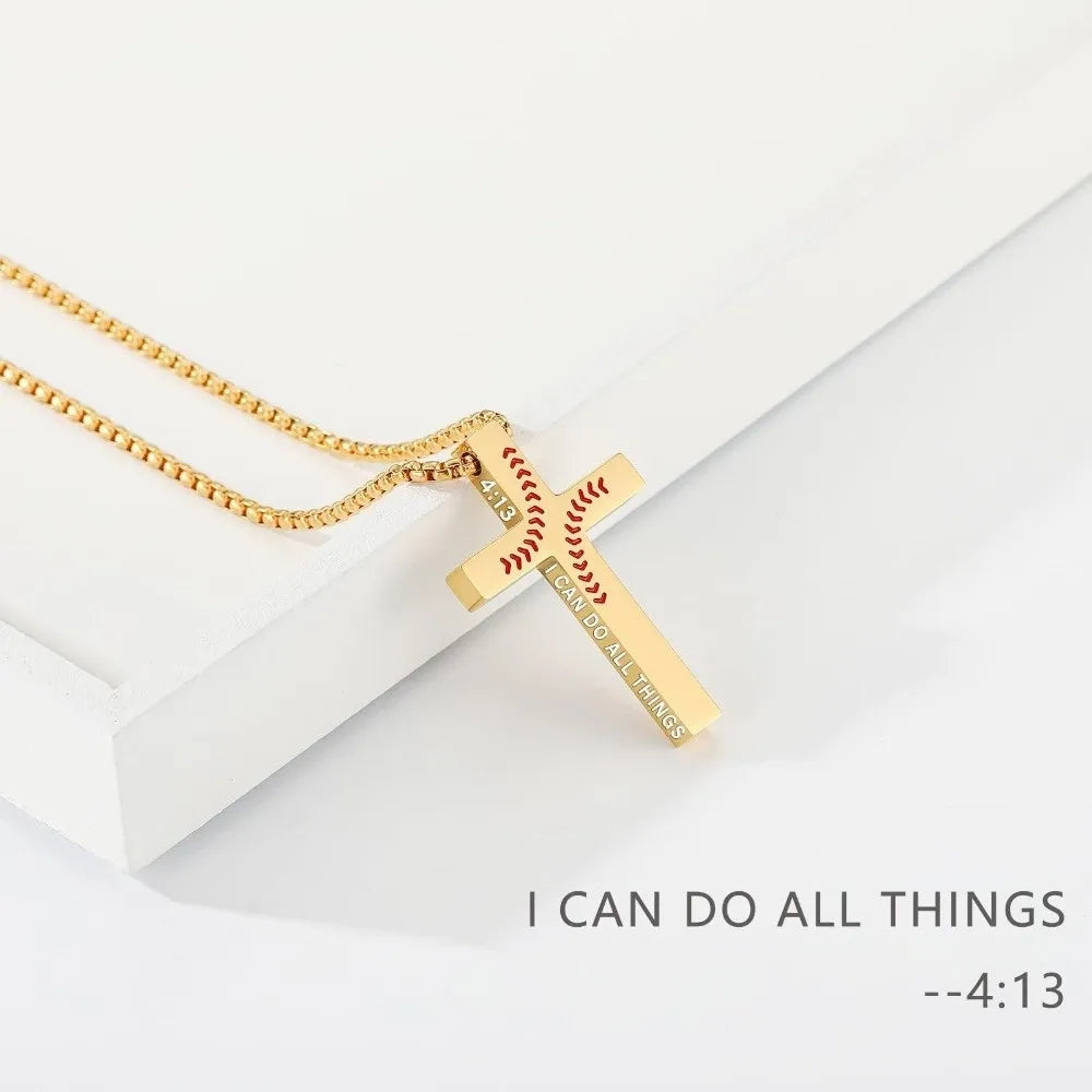 Gold stainless steel cross pendant necklace with baseball stitching and the inscription I CAN DO ALL THINGS