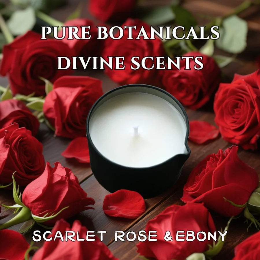 A black candle jar filled with white wax surrounded by deep red roses and rose petals.