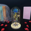A clear glass dome containing a crystal rose flower is displayed on a stand, surrounded by red rose petals.