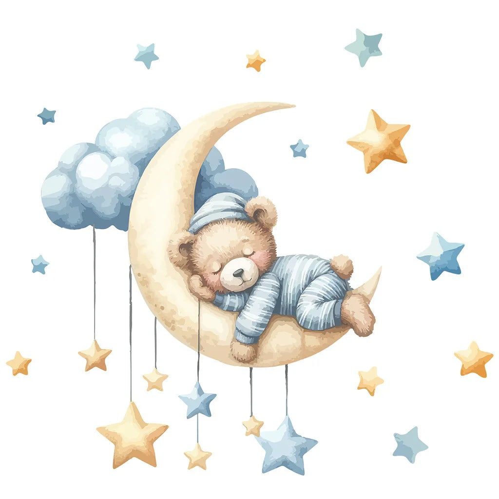 Un adorable ours brun reposant sur une lune en croissant, entouré d'étoiles éparses.