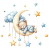Un adorable ours brun reposant sur une lune en croissant, entouré d'étoiles éparses.