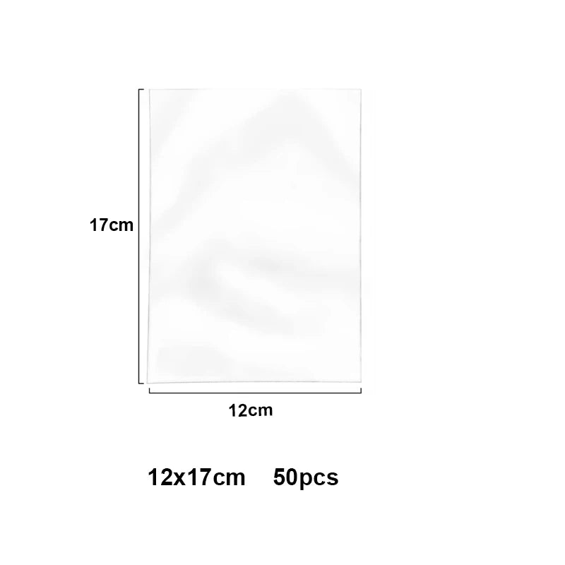 A rectangular sheet of clear cellophane treat bags with wire ties, measuring 12cm by 17cm, containing 50 pieces.