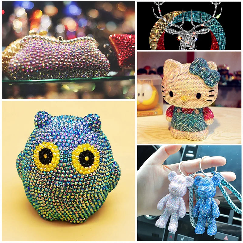 A collection of handcrafted animal figures and decorative items made with hotfix glass rhinestones.
