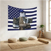 A wall tapestry featuring the American flag design with a stylized blue character and military equipment.