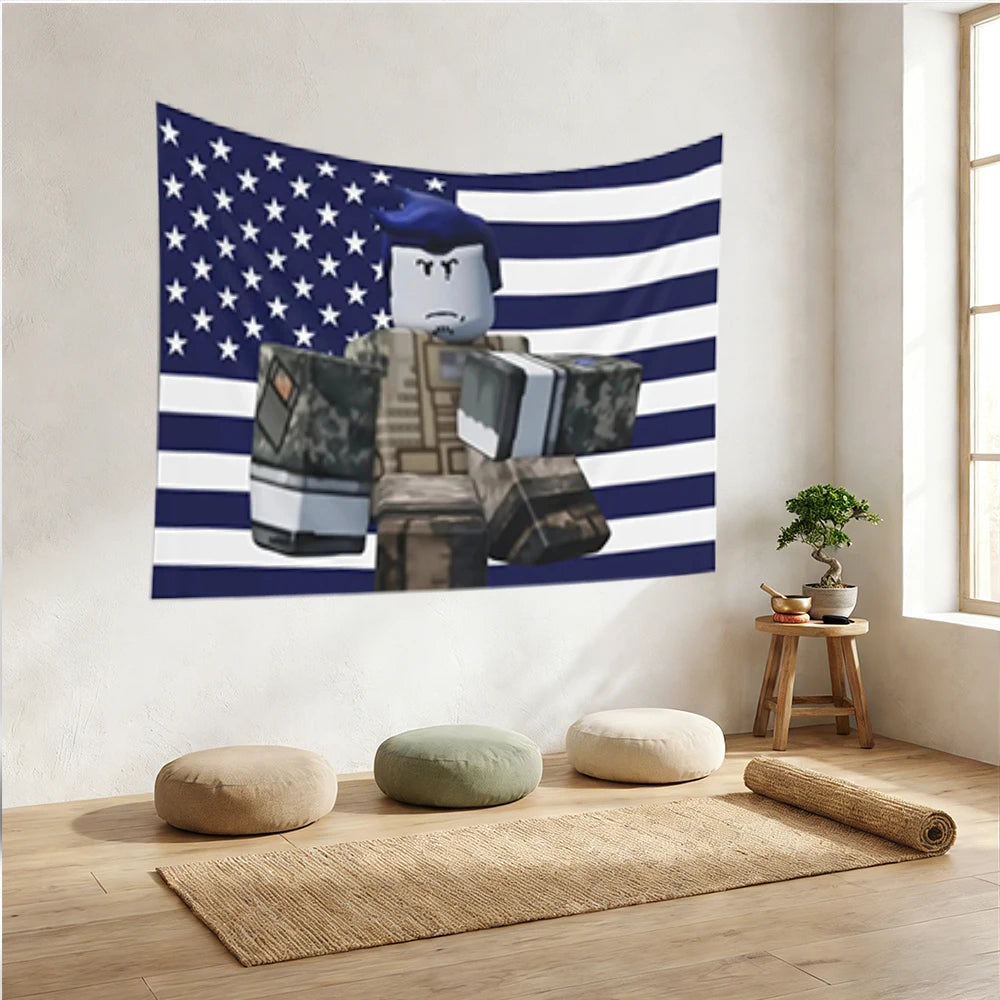 A wall tapestry featuring the American flag design with a stylized blue character and military equipment.