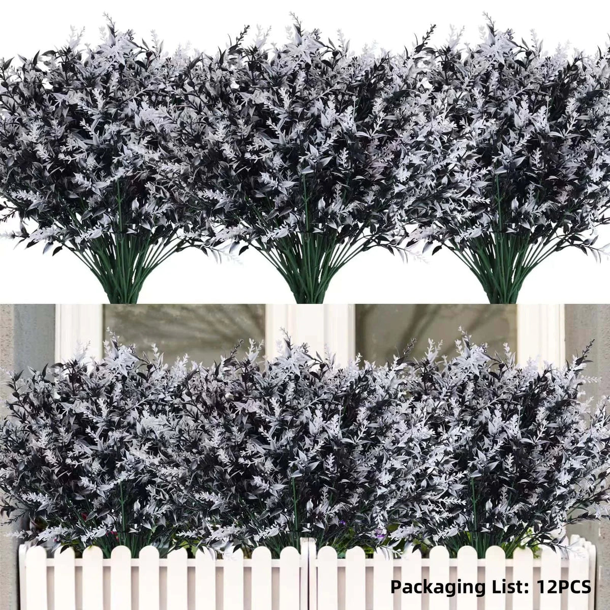 A bundle of artificial lavender stems with dark green foliage and white flowers displayed in a vase.