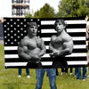 A black and white flag featuring two muscular men in patriotic poses for gym decoration.