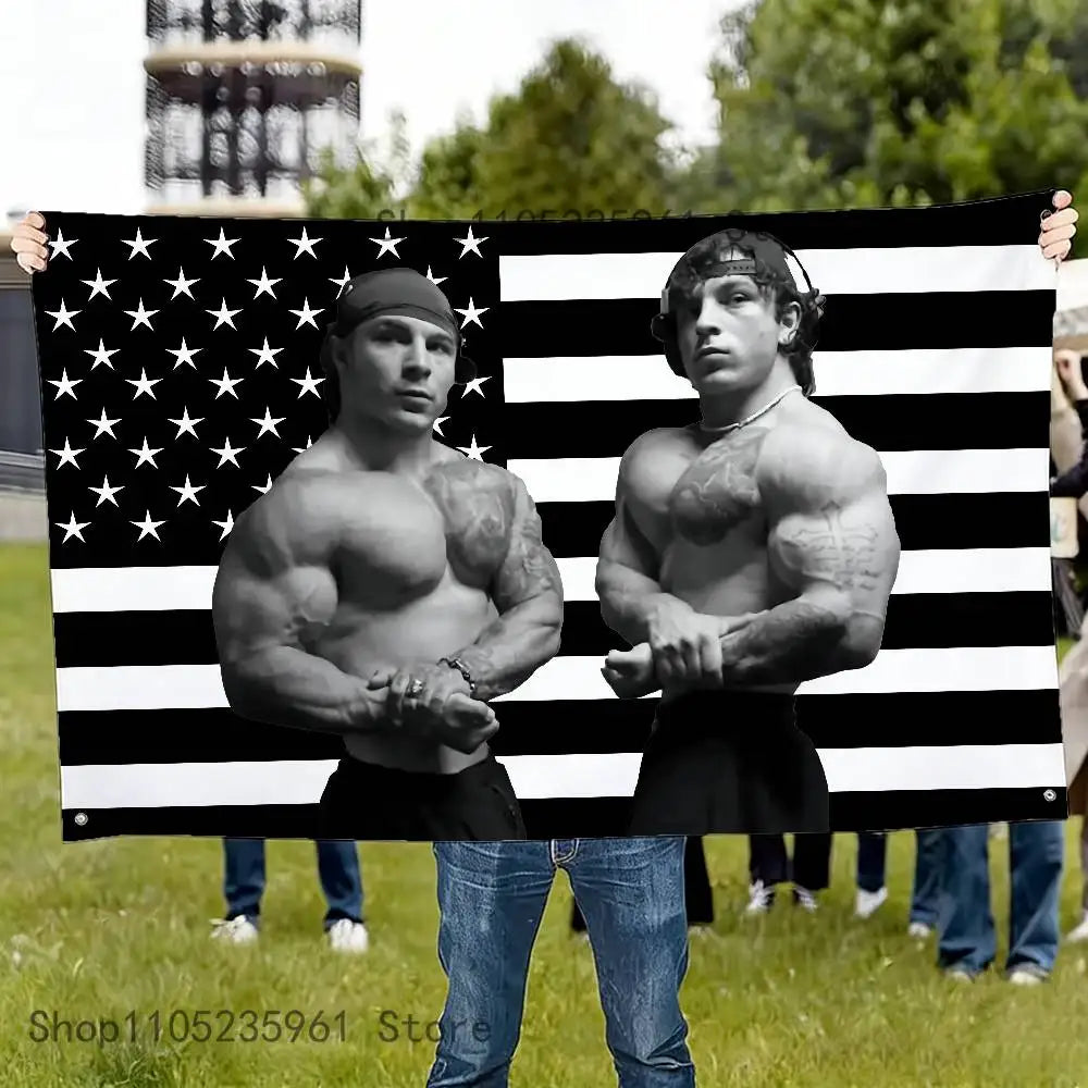 A black and white flag featuring two muscular men in patriotic poses for gym decoration.