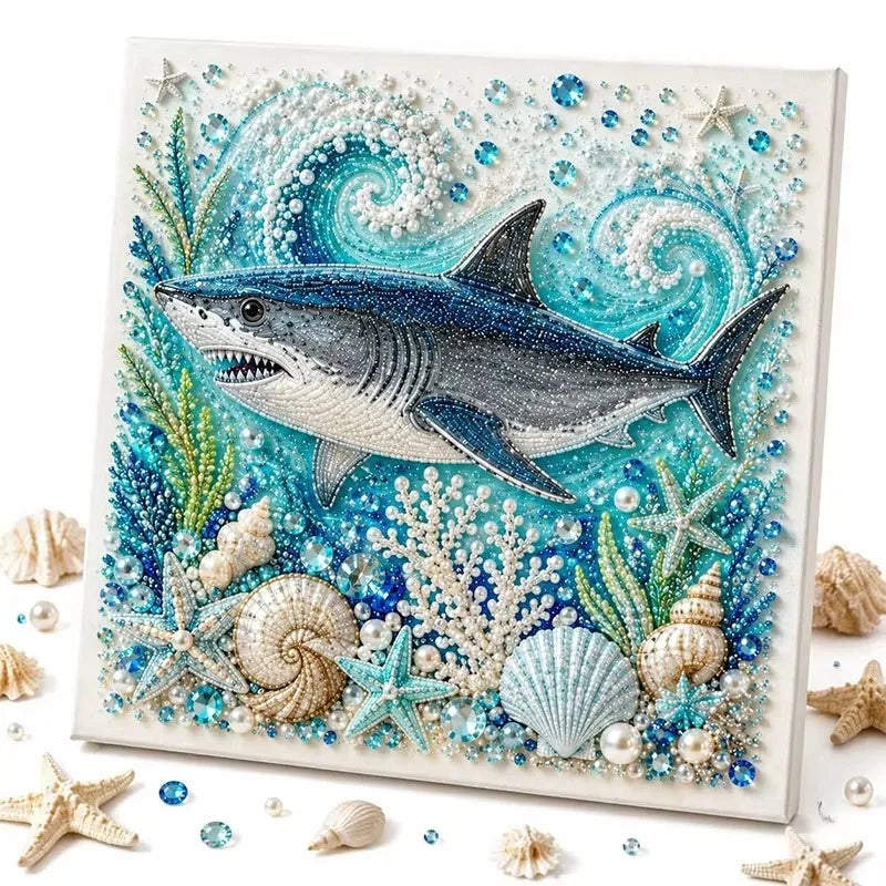 Diamond painting featuring a gray and blue shark surrounded by various sea life and pearls