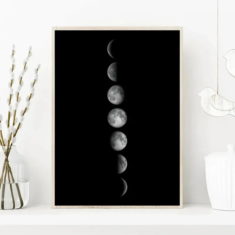 Minimalist black and white canvas wall art featuring a vertical line of crescent moon phases