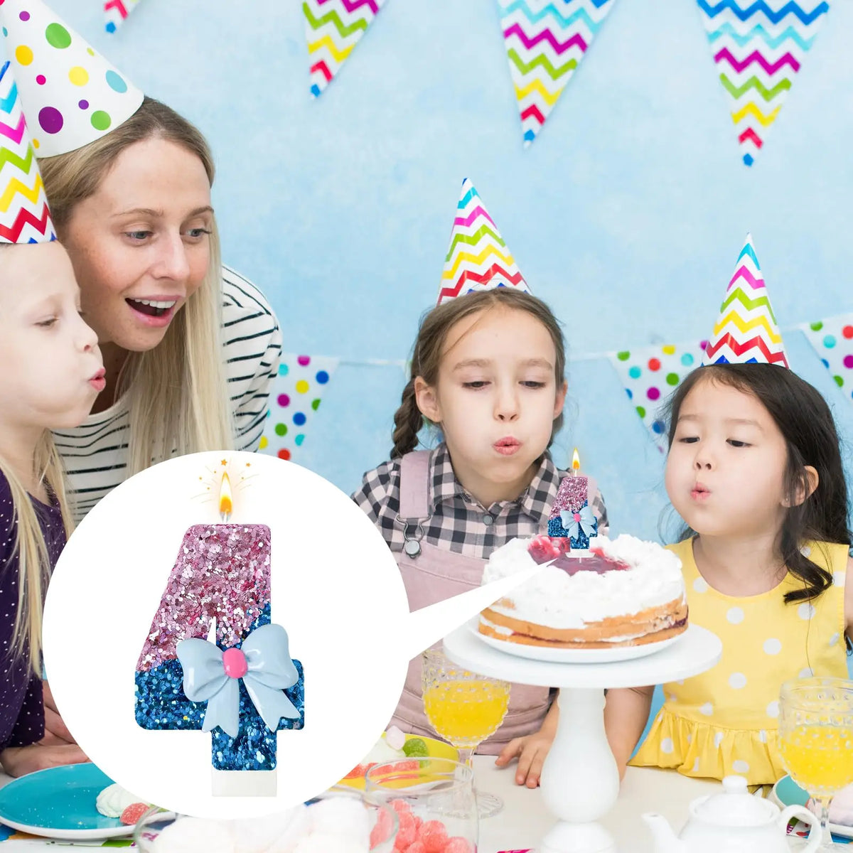 A young girl is blowing out a pink glitter number candle on a birthday cake surrounded by colorful decorations.