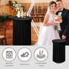 Black stretch spandex cocktail tablecloth with a skirt shown in a wedding reception setting