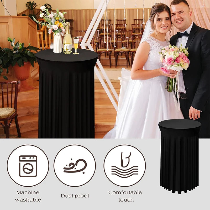 Black stretch spandex cocktail tablecloth with a skirt shown in a wedding reception setting