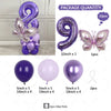 Set de globos morados con el número 9 y formas de mariposa para fiestas