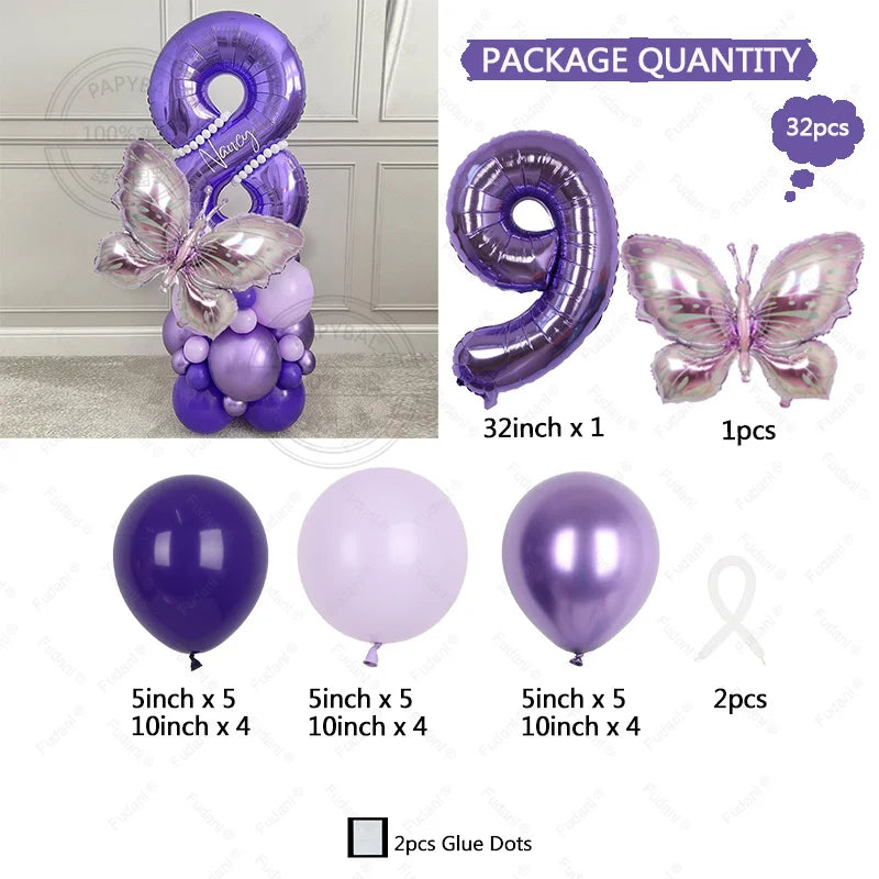 Set de globos morados con el número 9 y formas de mariposa para fiestas