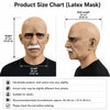 Product size chart showing dimensions of a realistic latex old man mask, including height, length, and recommended head circu