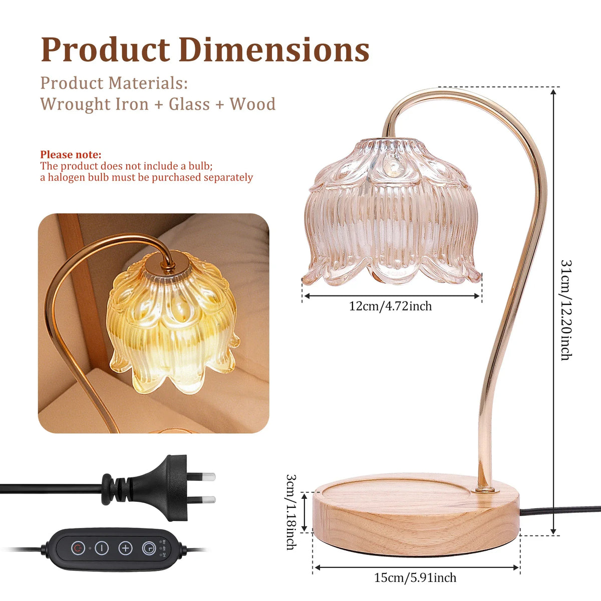 A brass-toned flameless decorative candle warmer lamp with a glass shade and wooden base shown in various views.