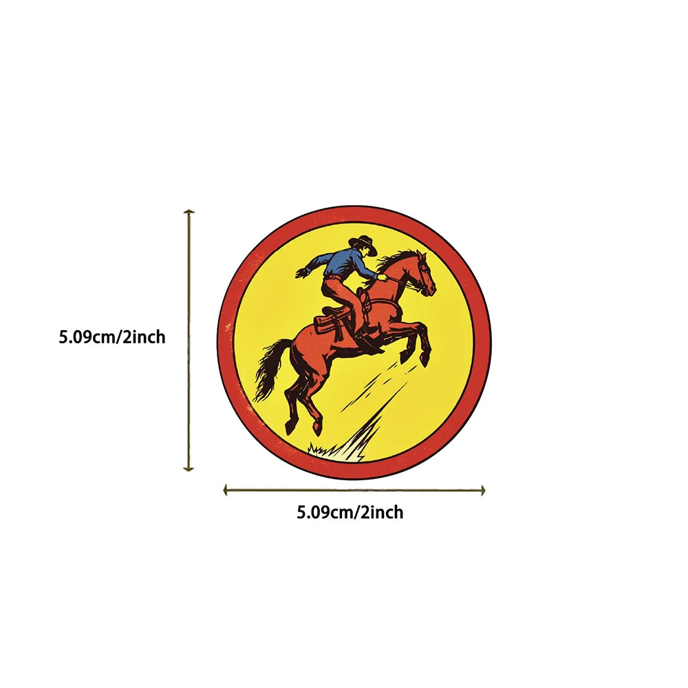 A vintage cowboy graffiti sticker pack featuring a rider on a horse, shown with dimensions of 5.09cm/2inch.