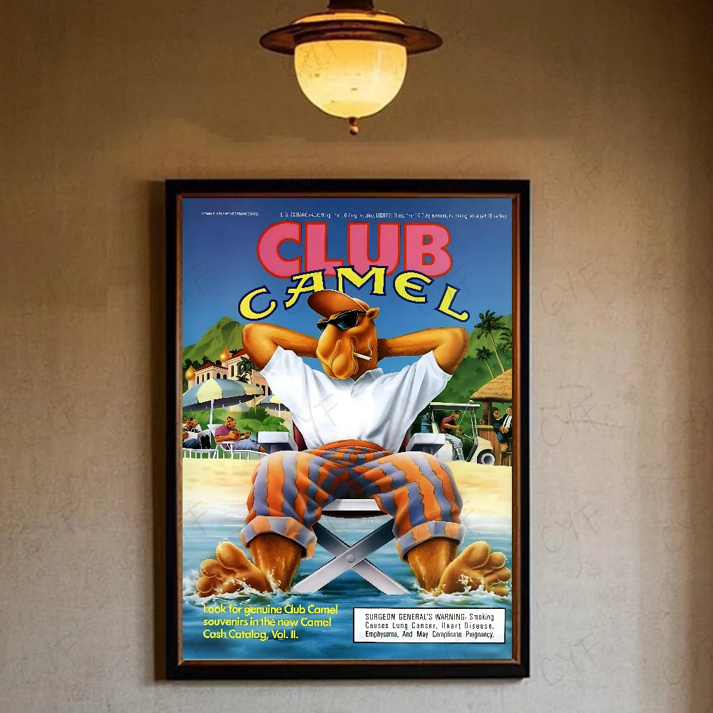 A vintage retro poster featuring a cartoon camel sitting on a chair with a blue and white background.