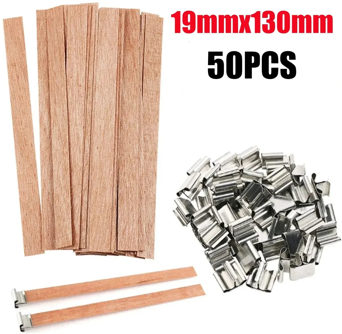 Un jeu de 50 chevilles en bois et une bougie à mèche en bois.