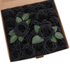 A box filled with realistic black foam rose artificial flowers for weddings and home decor