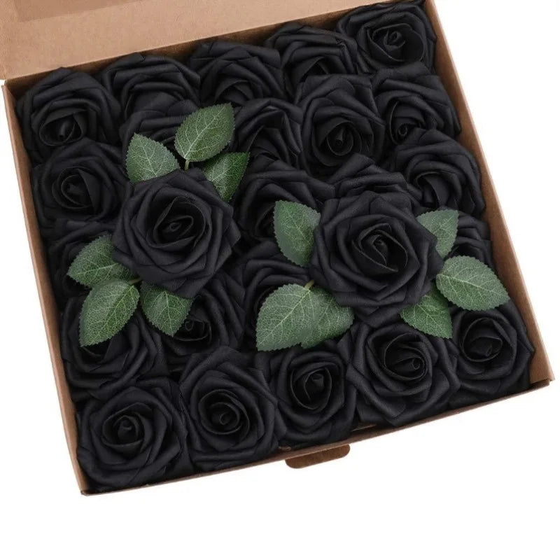 A box filled with realistic black foam rose artificial flowers for weddings and home decor