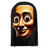 A 3D printed novelty face mask depicting a smiling, stylized human face in warm wood tones against a black background.