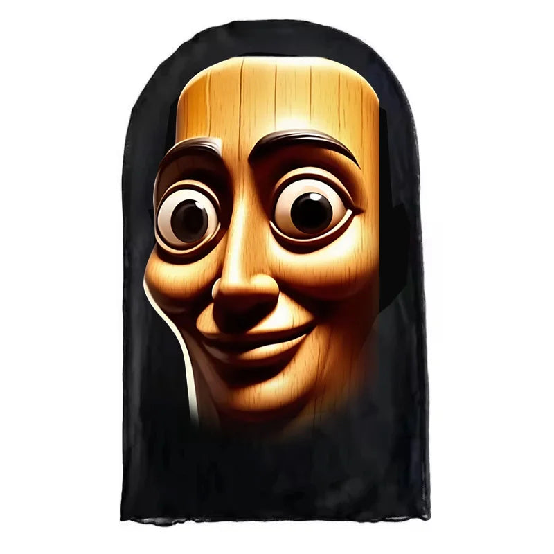 A 3D printed novelty face mask depicting a smiling, stylized human face in warm wood tones against a black background.