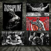 A set of four black and red bodybuilding gym flags featuring muscular figures and the word discipline on them.