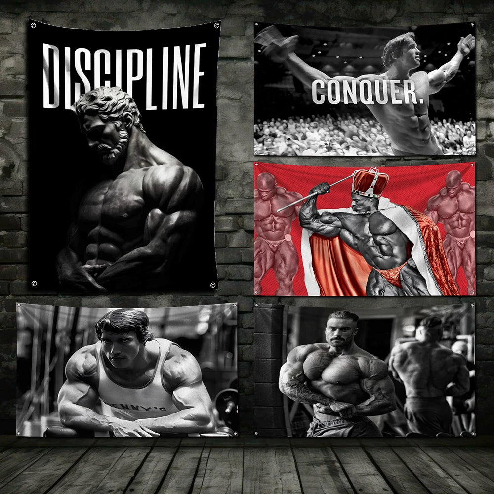 A set of four black and red bodybuilding gym flags featuring muscular figures and the word discipline on them.