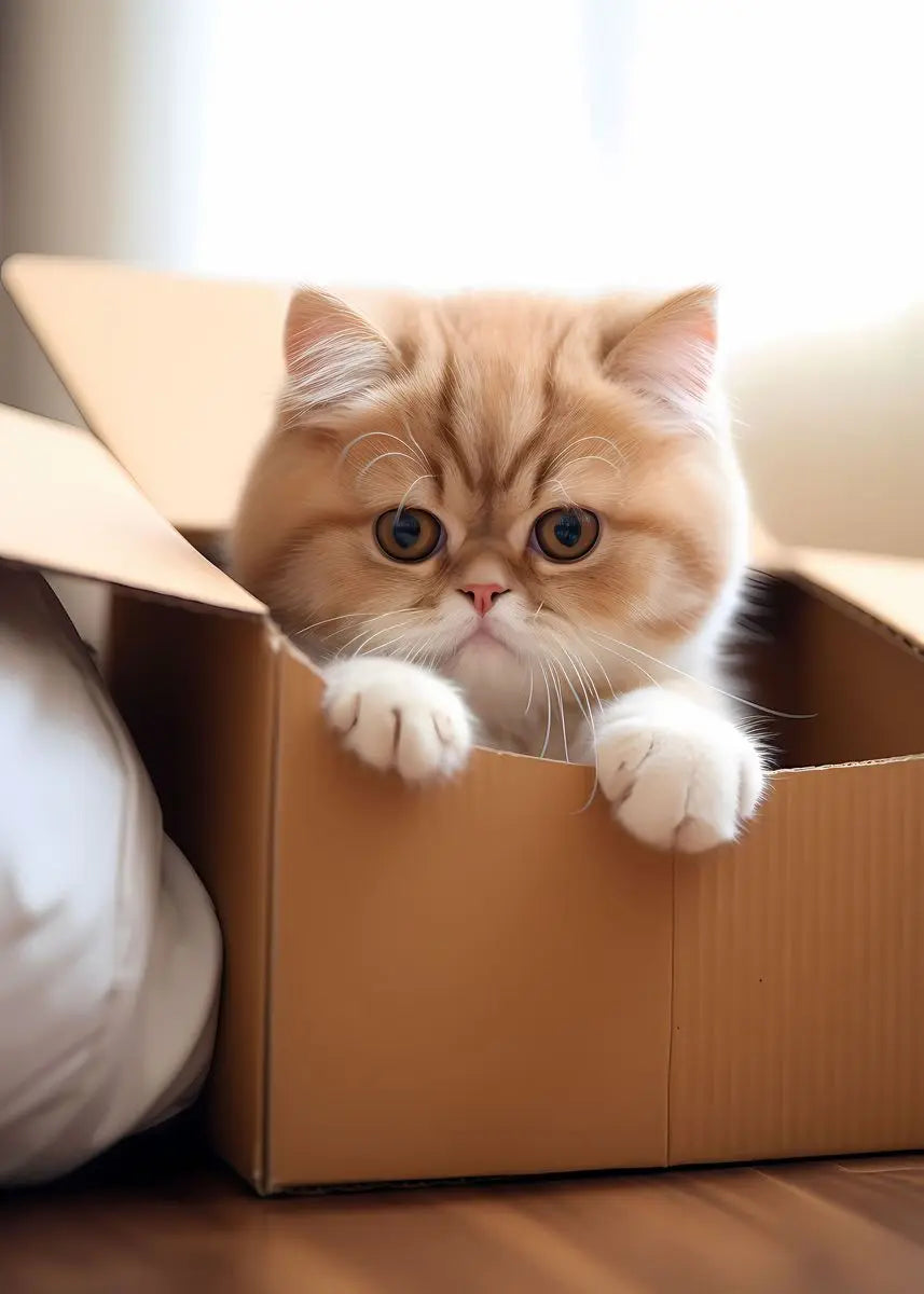 A fluffy orange Persian kitten peeks out from a cardboard box.