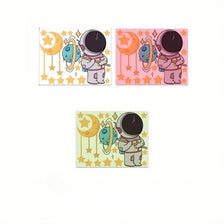 Three sets of astronaut characters with stars and moons on a white background