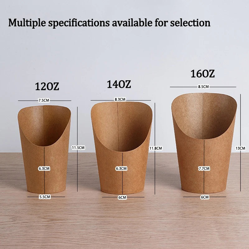 Three disposable kraft paper French fry cups in sizes 12oz, 14oz, and 16oz displayed side by side.