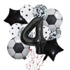 A set of black and white football shaped helium foil balloons, including a large number four balloon.