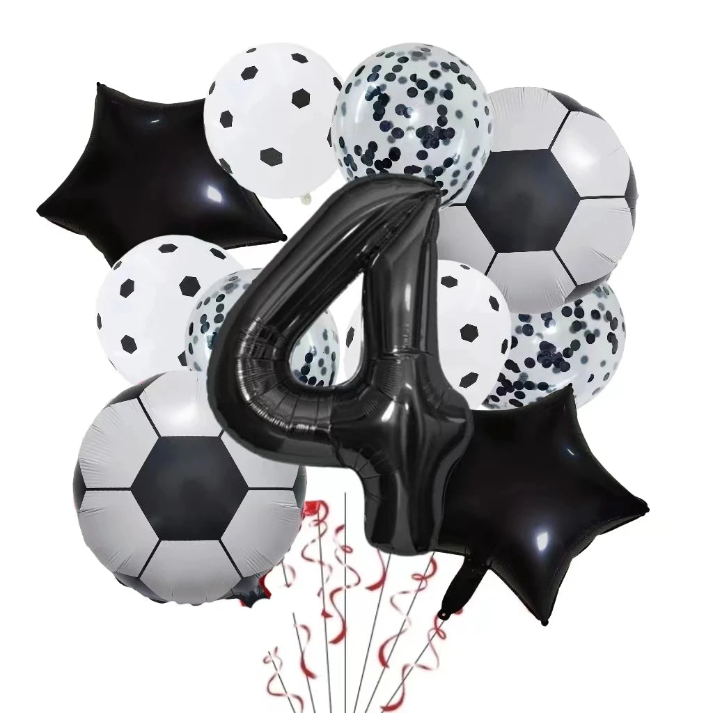 A set of black and white football shaped helium foil balloons, including a large number four balloon.