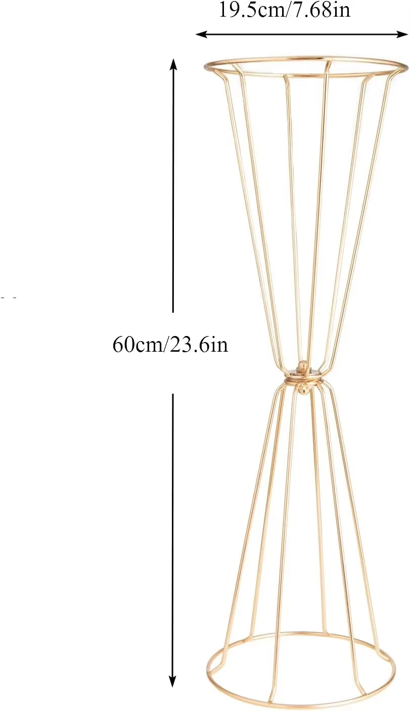 A tall, slender gold geometric flower stand with a tapered design.