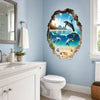 A wall sticker depicting a dolphin mural inside a broken, natural-edge frame on a light blue wall.