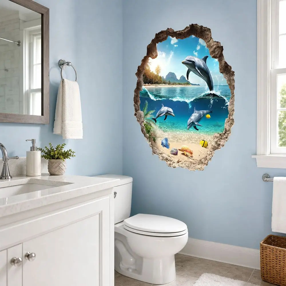 A wall sticker depicting a dolphin mural inside a broken, natural-edge frame on a light blue wall.