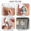 Instructions showing how to remove films, insert a photo, stick a visor clip into the frame, and display it on a sun visor.