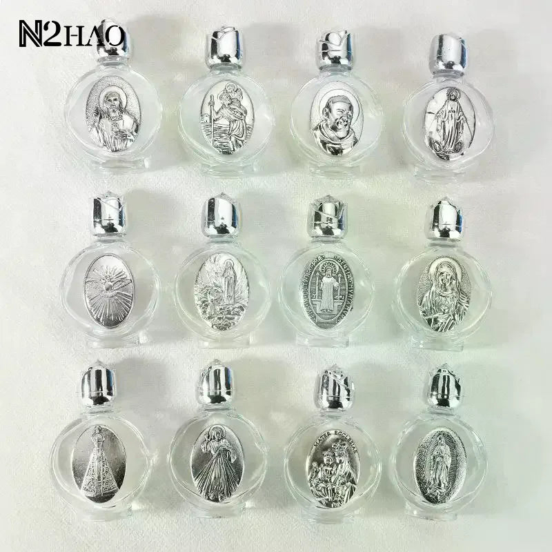 A collection of decorative glass bottles, each containing a silver-colored figurine and topped with a twist cap.