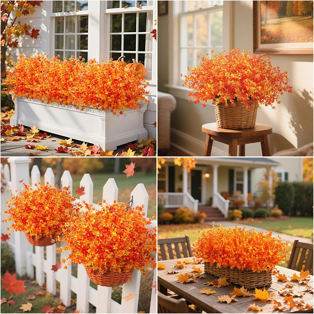 Two vibrant orange artificial fall eucalyptus and flower stems used for outdoor decor