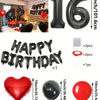 A set of red and black foil number balloons, heart-shaped balloons, and a balloon garland for birthday decorations.